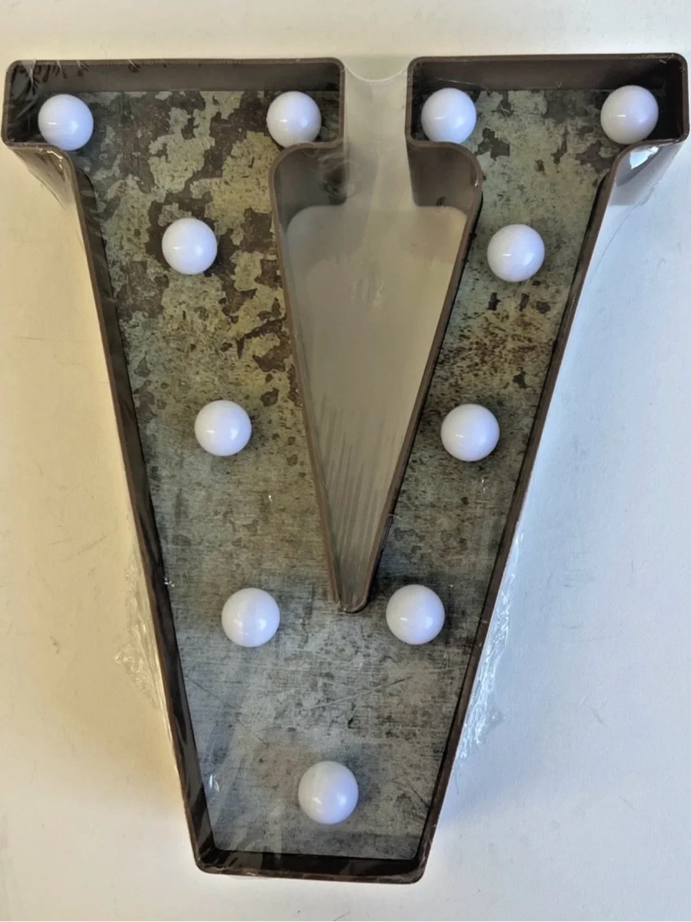 Vintage-Style Letter V Marquee Light in Grey Brown with White Bulbs